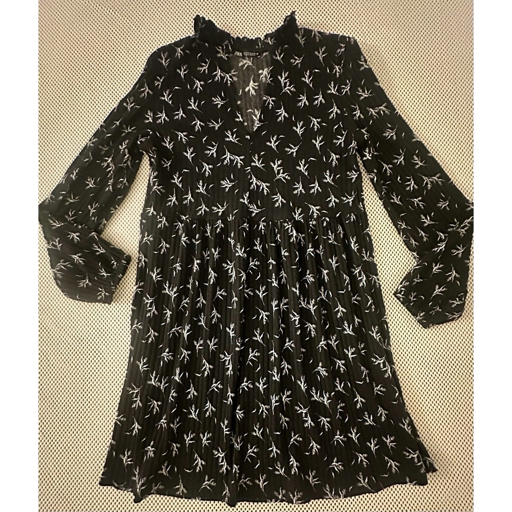 Zara Boho Babydoll Tunic Mini Dress Women Sz M Black White Texture Flowy‎ V Neck - Picture 6 of 10